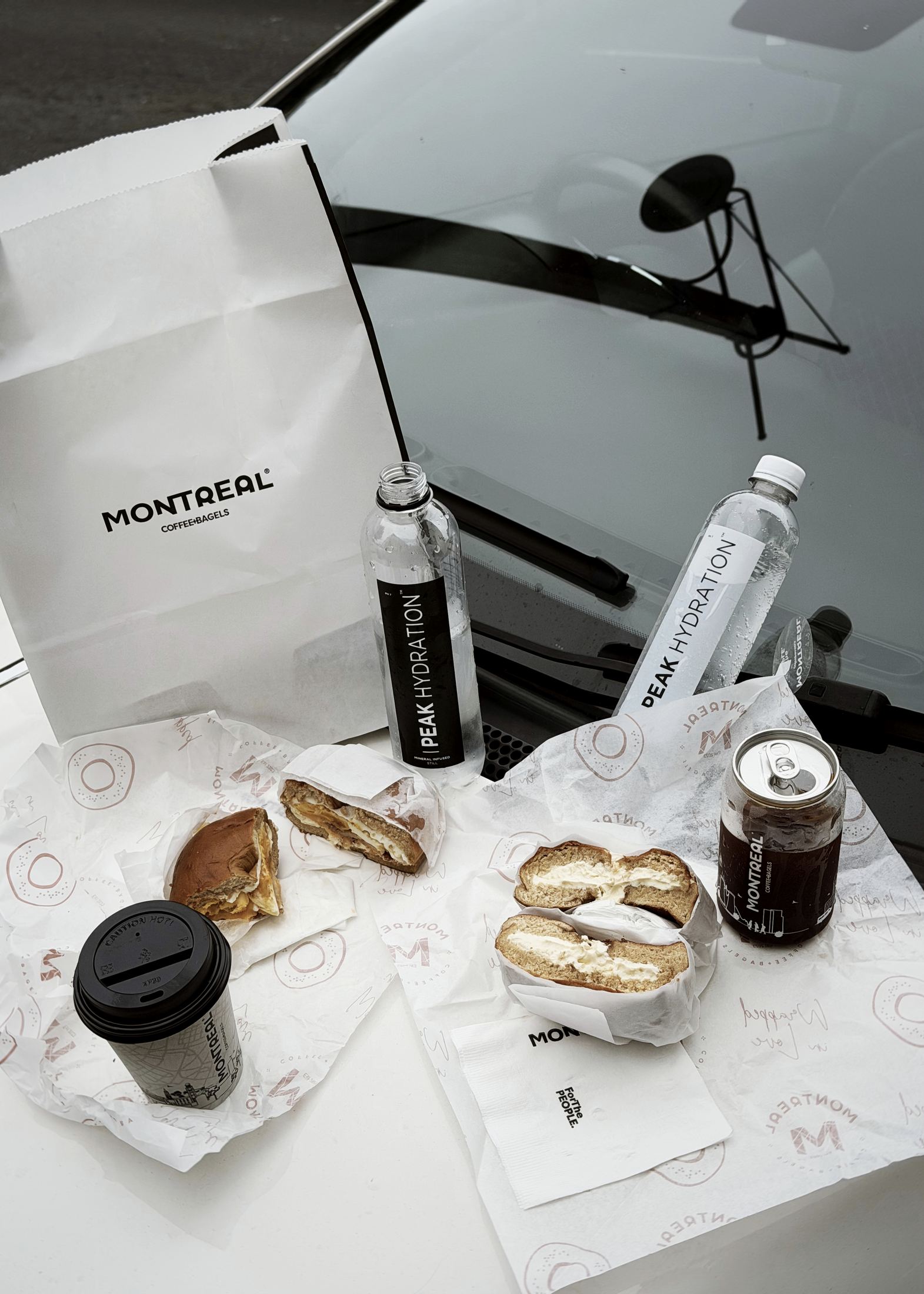 Peak Hydration served with coffee and bagels at Montreal Coffee & Bagels