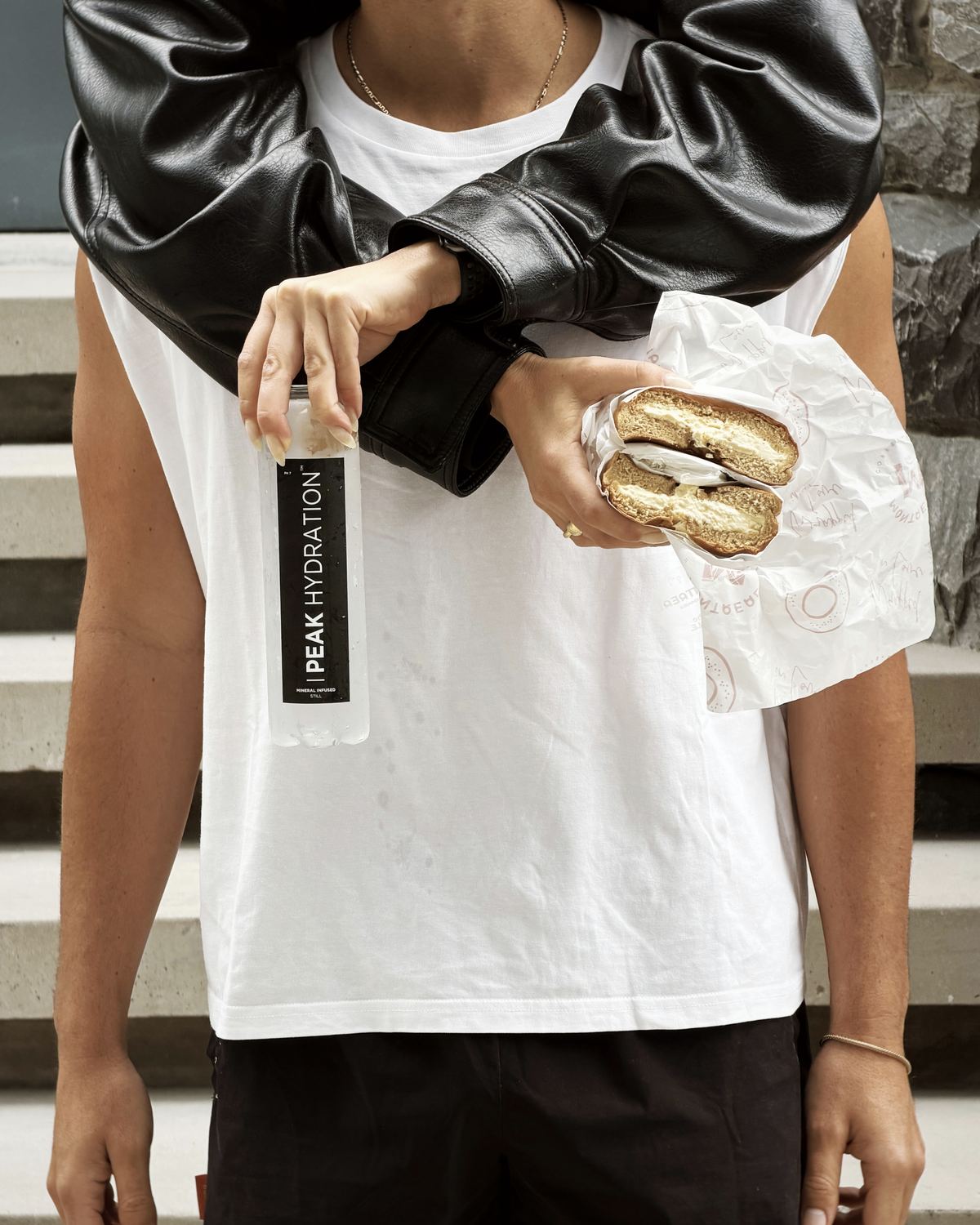 A Montreal bagel and a bottle of Peak Hydration