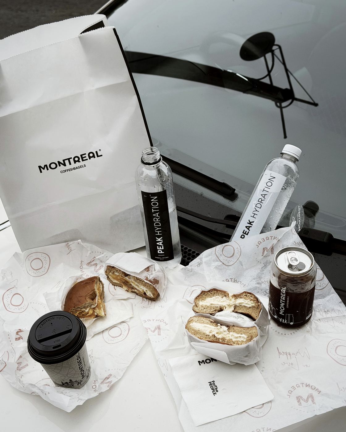 Peak Hydration served with coffee and bagels at Montreal Coffee & Bagels